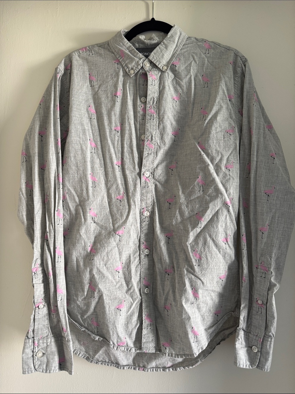 Bonobos Gray Button-Down Shirt with Pink Flamingo Print